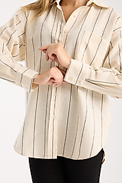 SİYAH ÇİZGİLİ KREM KETEN GÖMLEK