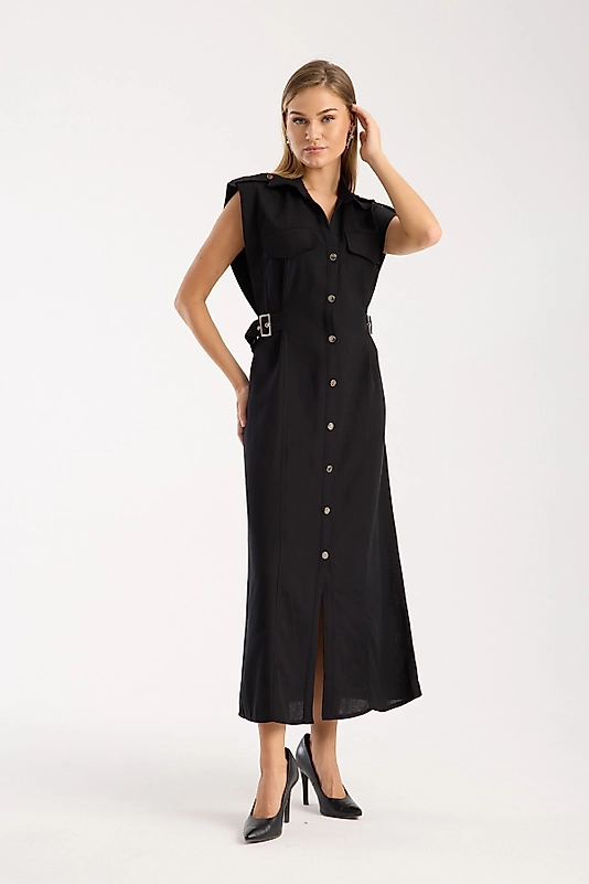 DÜĞMELİ KETEN ELBİSE SİYAH