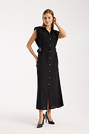 DÜĞMELİ KETEN ELBİSE SİYAH